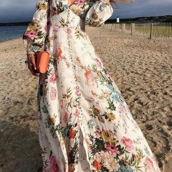 Multicolor Boho Women's Casual Elegant V-Neck Long Sleeve Floral Print Dress - Picture 2 of 8